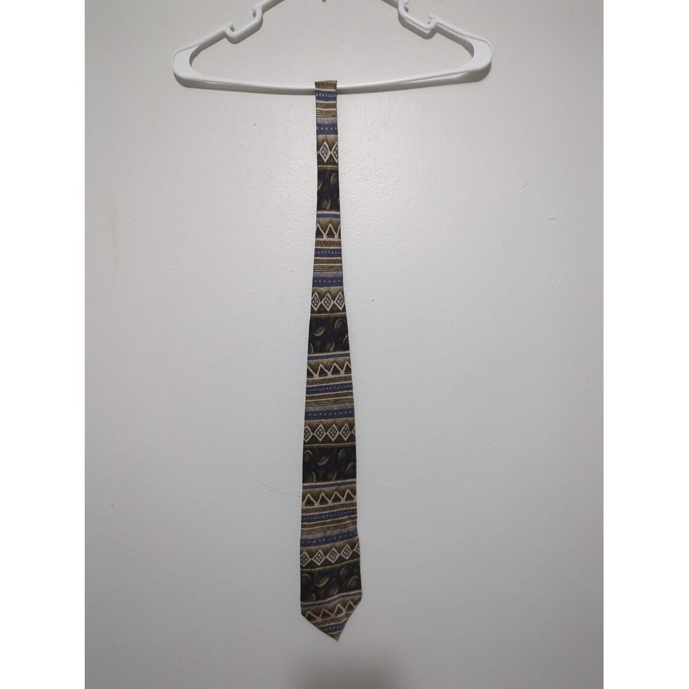 Surrey Mens Silk Tie Geometric Tribal Pattern Green Blue Tan‎ Made in USA